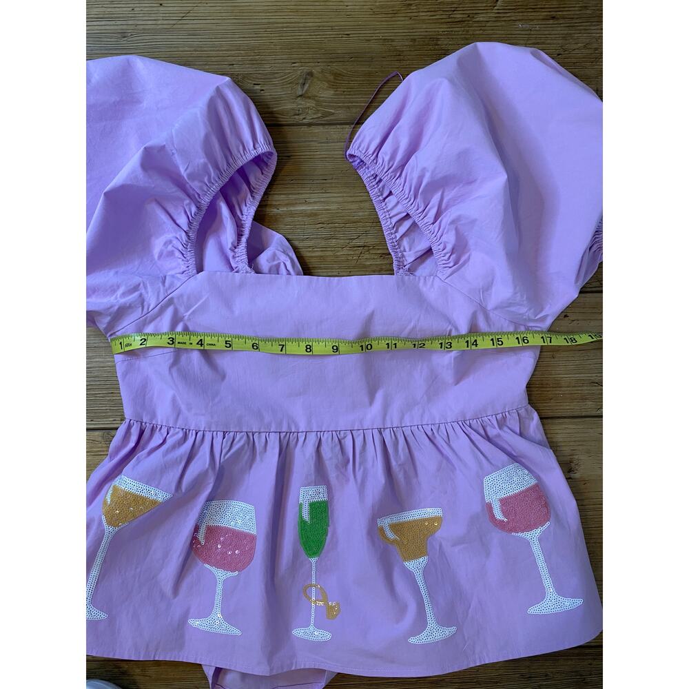NWT Peach Love Lilac Sequin Cocktail Glasses Applique Open Back Top w/Bow Tie - Picture 8 of 11